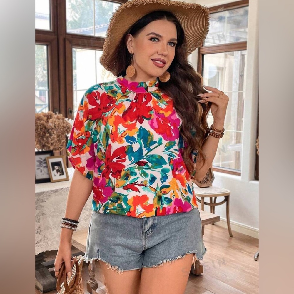 SHEIN VCAY Plus Size Flower Print Stand Collar Shirt size 12/0X